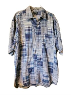 Vintage Pelle Pelle Blue Patchwork Plaid Shirt XL Short Sleeve Button-Down Y2k